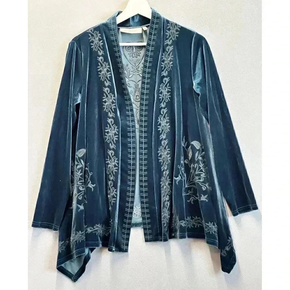 LA BELLUM HILLARY SCOTT Women's Sz XS Embroidered Blue Velvet Open Cardigan